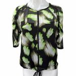 DKNY Women's Black Green Mesh Printed 3/4 Sleeve Tie Hem Blouse Top Size XS Photo 0