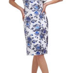 Eliza J Blue Floral Print One Shoulder Sheath Dress Metallic Ruffle Size 6 New Photo 0