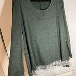 Sanifer Dark Olive Green Elongated Blouse Trimmed in White Lace Photo 0