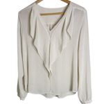 None V-Ruffled Neckline Long Puff Sleeve Ivory Pullover Blouse Photo 0