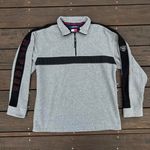 Tommy Hilfiger Grey Quarter Zip Fleece Sweater w/ Embroidered Logo and Striped Detailing on Sleeves Photo 0