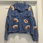 Women’s Blue Size Large Sequin football Game Day corduroy Fringe Jacket Coat Photo 0