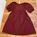 Lena & Lou Deep Red Woven Empire Waist Babydoll Midi Dress Puff Sleeves 1X New Photo 1