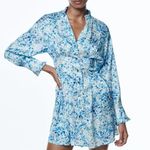 ZARA NEW PRINTED SHIRT DRESS BLUE V NECK RUFFLES LONG SLEEVE WOMENS SIZE S Photo 3