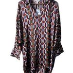 NEW BY DESIGN Marissa Collared Poly Silk Tunic In Art Deco Size Large Red Photo 3