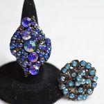 Source Unknown Blue Set Of 2 Rhinestone Adjustable Black Metal Alloy Victorian Glam Rings Photo 0
