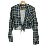 Boutique  Green & Blue Plaid Tie Front Crop Long Sleeve Top M Photo 1