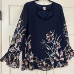 Chico's  Size 2 Navy Blue Floral Blouse Ruffle Statement Bell Sleeves Chico Large Photo 1