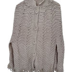 1960 VTG Hand Knit Shawl Poncho Sweater Womens One‎ Size Chunky Button Fringe Tan Photo 0