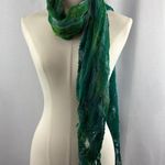 Women’s Green, Blue, & Teal Tasseled Knit & Mesh Scarf Green Photo 4