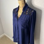 EXPRESS Dark Blue Lace Yoke Portofino Blouse Button Up Slim Fit Size M Career Photo 1