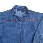 Solutions Denim Christmas Holiday Denim Button Up Shirt Embroidered Small Ugly Blue Photo 0