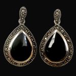 Onyx Vintage Marcasite Sterling Silver Tear Drop Shaped Earrings Photo 7