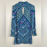 EXPRESS Cobalt Blue floral print key hole long sleeve dress size XS Photo 3