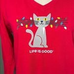 Life is Good Women’s Long-Sleeve V-Neck Tee Red Cat Christmas Size M 100% Cotton Photo 2