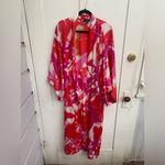 Natori Floral Long Robe & Gown Set Sz Medium Red Pink Satin Abstract Watercolor Photo 6