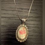 Vintage Rose Pendant Necklace Rhinestones Silver Costume Jewelry Coquette Photo 2