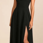 Lulus NWT  Romantically Speaking Black Cowl Lace-Up Maxi Dress Wedding Prom M Photo 0