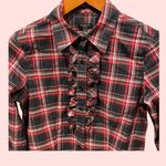 Talbots Cute plaid ruffle jeweled button blouse stretch black red holiday Photo 1