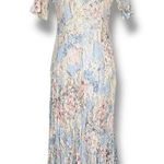 Vintage 90s Crinkle Lace Maxi Dress Medium Pastel Blue Pink Floral V Neck Fairy Photo 0