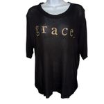 Andthewhy LA Black Lightweight Mesh Knit Grace Graphic Top S/S NWT M/L Photo 1