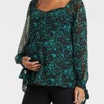 Aqua Green Long Sleeve Corsetry Woven Maternity Shirt-  Floral Photo 0