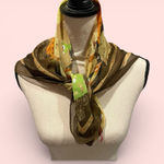 Beautiful vintage sheer silky Asian life theme earth tones scarf 27” x 27” Green Photo 0