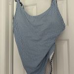 Aerie  Seersucker & Gingham Blue White Navy Tie Straps One Piece Swimsuit Photo 3