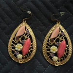 Bohemian Dangle Earrings Gold Tone Pink Peach Flowers Boho Statement Photo 0
