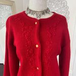 Chunky Vintage Bright Red Flower Floral Embroidered Knit Button Up Cardigan M Size M Photo 3