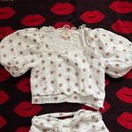 Ciebon white embroidered flowers puffy sleeve two piece top shorts XS Photo 1