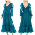 Mac Duggal 68254 Teal Chiffon Ruched Tiered Puff Sleeve A Line Midi Dress Photo 0