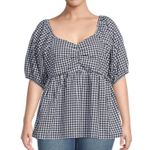 Terra & Sky Top Navy White Gingham Cotton Smocked Short Puff Sleeve Plus 1X NEW Photo 0