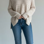 Cream Open Knit V Neck Long Sleeve Oversized Tunic Sweater Women XS Tan Photo 0
