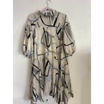 Gracia Abstract Print Button Front Blouse Shirt Dress Beige Black Puff Sleeve L Photo 2