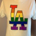 LA Dodgers unisex LGBT Pride Night all cotton short sleeve T shirt rainbow logo White Photo 2
