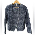 Ecru Women’s Blue Printed Fringe Trim Tweed Jacket Asymmetrical Zip Blazer Small Photo 0