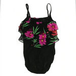 Longitude  | Beach Black Pink Floral Ruffle Chest One Piece Swimsuit Size 10 Photo 1