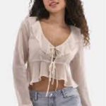 No Boundaries  Ivory Ruffle Tie-Front Crop Top  Blouse; Medium, NEW Photo 0
