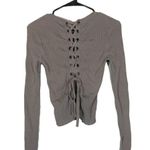 Olivaceous  Gray Long Sleeve Ribbed Scoop Neck Lace Back Blouse Women Sz M Photo 1
