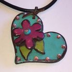 Wooden Boho Floral Chunky Rhinestone Heart Pendant Necklace Pink Photo 1