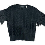 T Tahari Black Fringe Cable Knit Round Neck Sweater Size S Ribbed Cuffs Hem Photo 0
