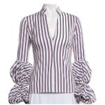 Greysn Striped Blouse Balloon Sleeve Mock Neck Red White Blue Women Medium NWT Photo 0