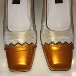 Stuart Weitzman  Women’s Color Block Orange Satin Beige Square Toe Block Heels Photo 2