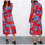 ZARA NEW NWT  Red Floral Print Long Sleeve Midi Dress‎ Small Button Down Belted Photo 1