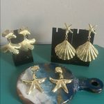 3 Pair Ocean Beach Gold Tone Starfish and Shell Dangle Statement Earrings Set Photo 1