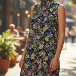 THML Dress S Blue Green Floral Geo Sleeveless Ruffle Neck Peplum Hem Boho Chic Photo 0