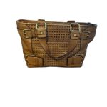 Michael Kors Leather Satchel Tote Bag Woven Details Buckle Accents Brown Photo 1