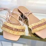 Anthropologie  Embellished Tie Up Pink/Rose Raffia Square Toe Sandals Sz 38 Photo 1