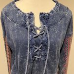 APNY Acid Wash Blue Embroidered Sleeve Lace Neck Boho Sweatshirt Size S Photo 7